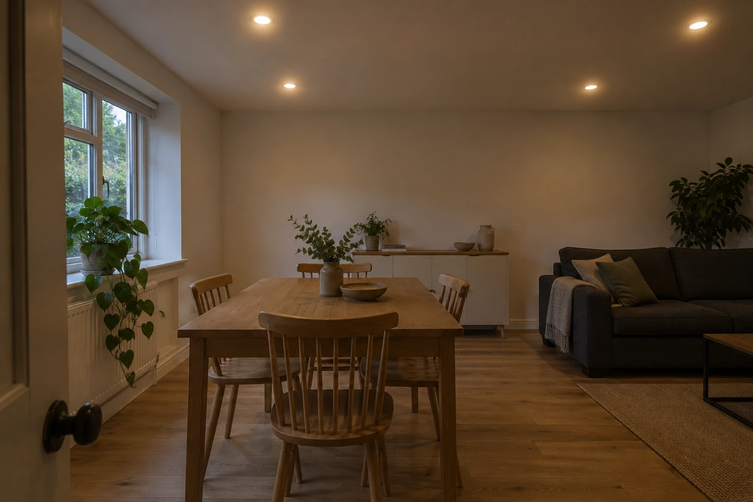 AI illustration of a dim dining and living room with warm ceiling discoloration and halos around four recessed lights