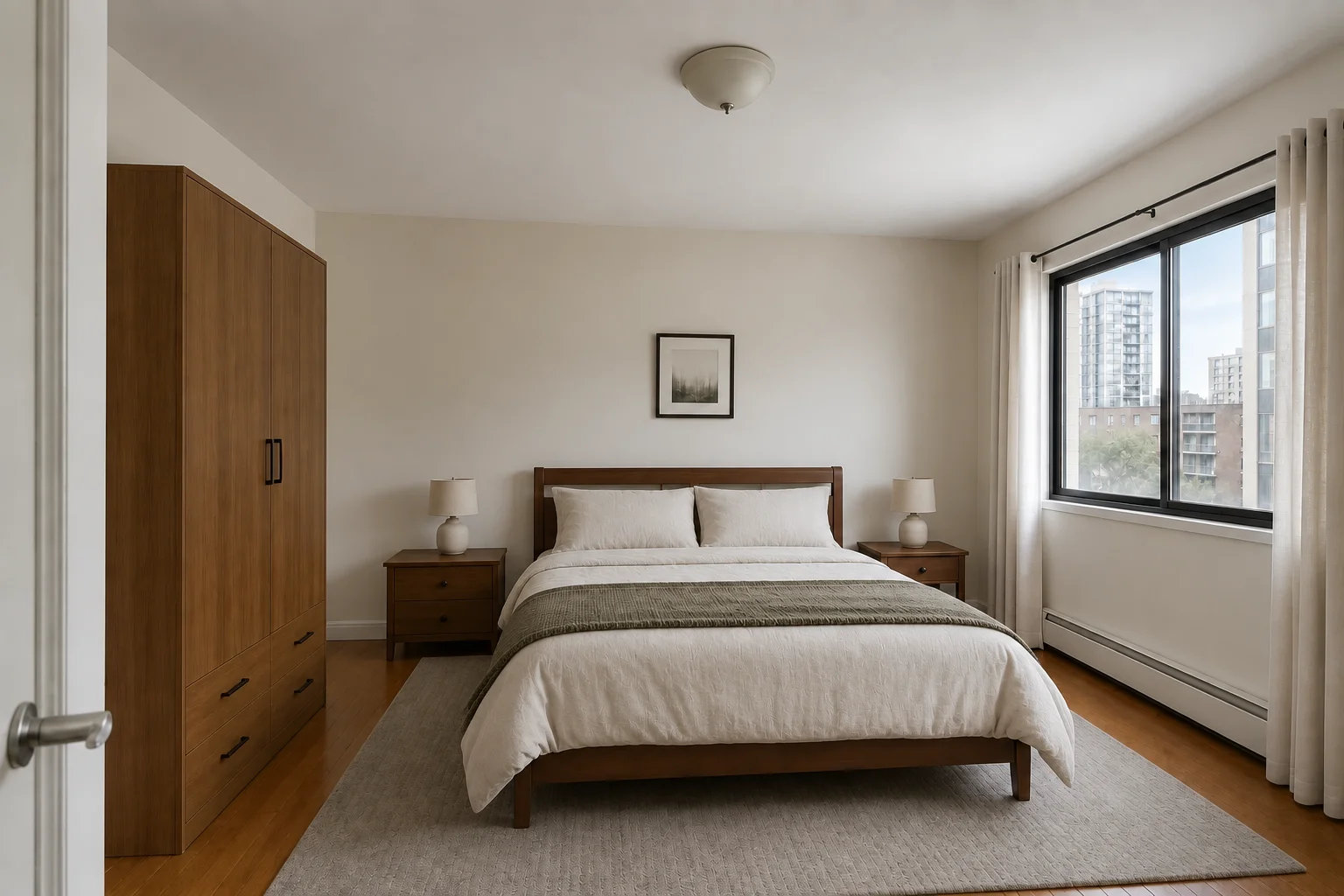 Bedroom with a dark timber bed, off-white bedding, an olive throw and softly shaded bedside lamps