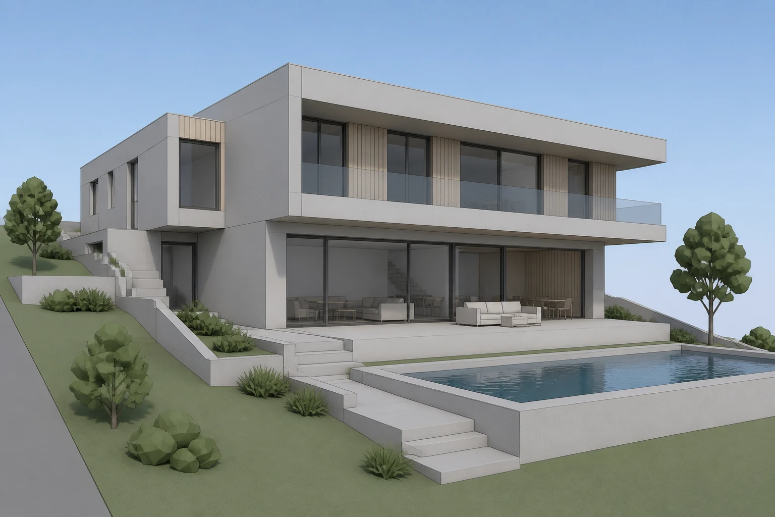 AI Render example showing the original space and a transformed result: uploaded 3D model screenshot