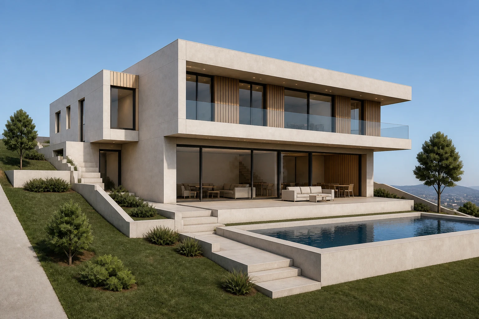 AI Render example showing the original space and a transformed result: photoreal architectural render