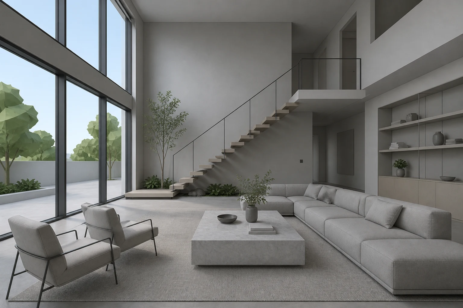 Double-height living room model view before AI interior rendering