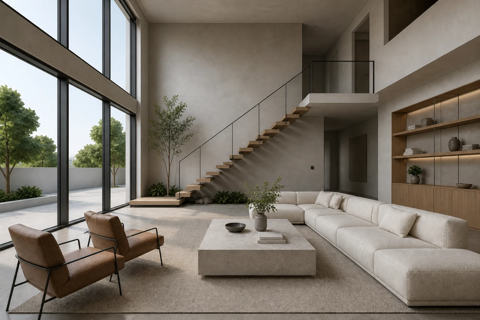 Photorealistic double-height living room rendered from a 3D viewport screenshot