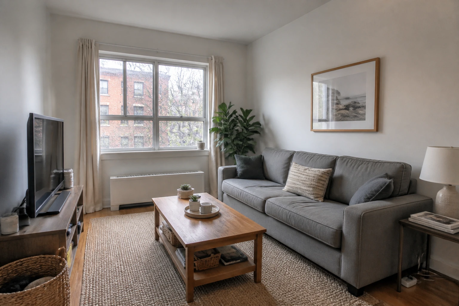 Apartment living room after AI restores sharper furniture, rug, wood, and window detail