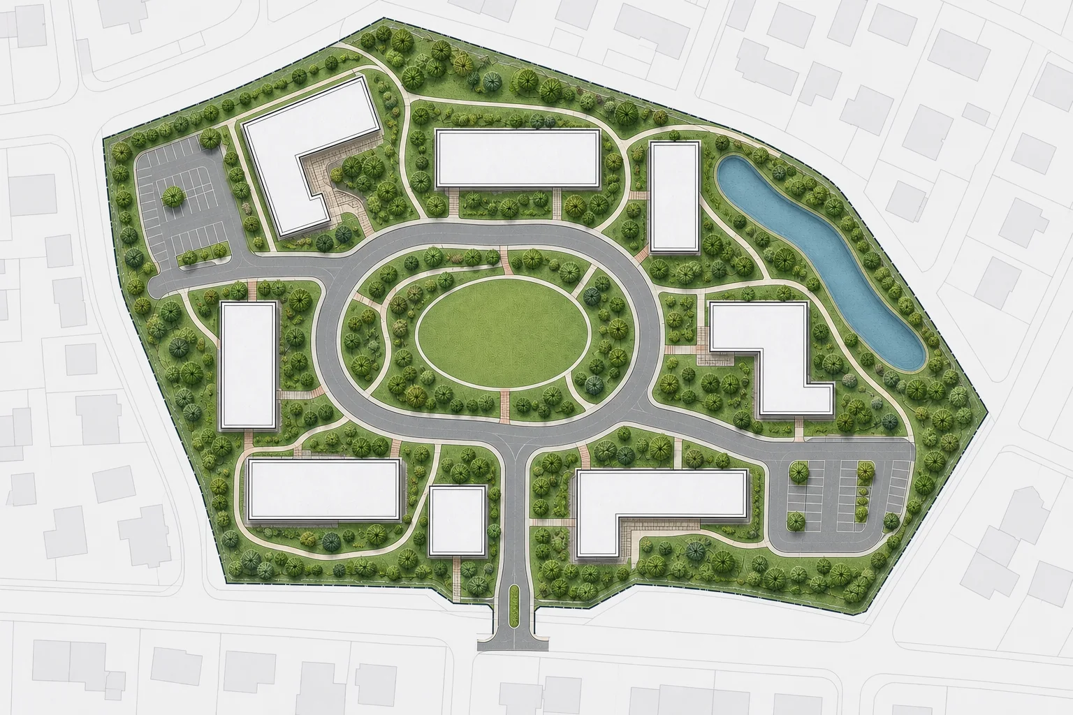 Clean colored site plan rendering with clear landscape and circulation zones