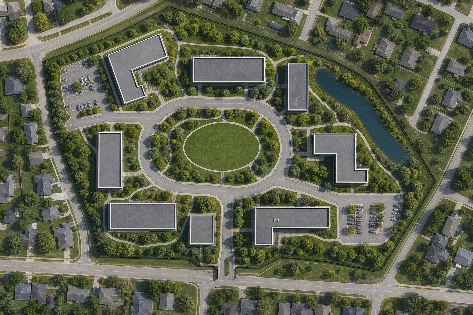 Masterplan Design example showing the original space and a transformed result: rendered masterplan
