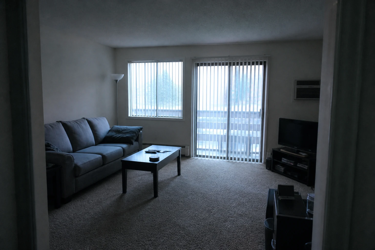 Dim rental living room listing photo with a cool color cast before enhancement