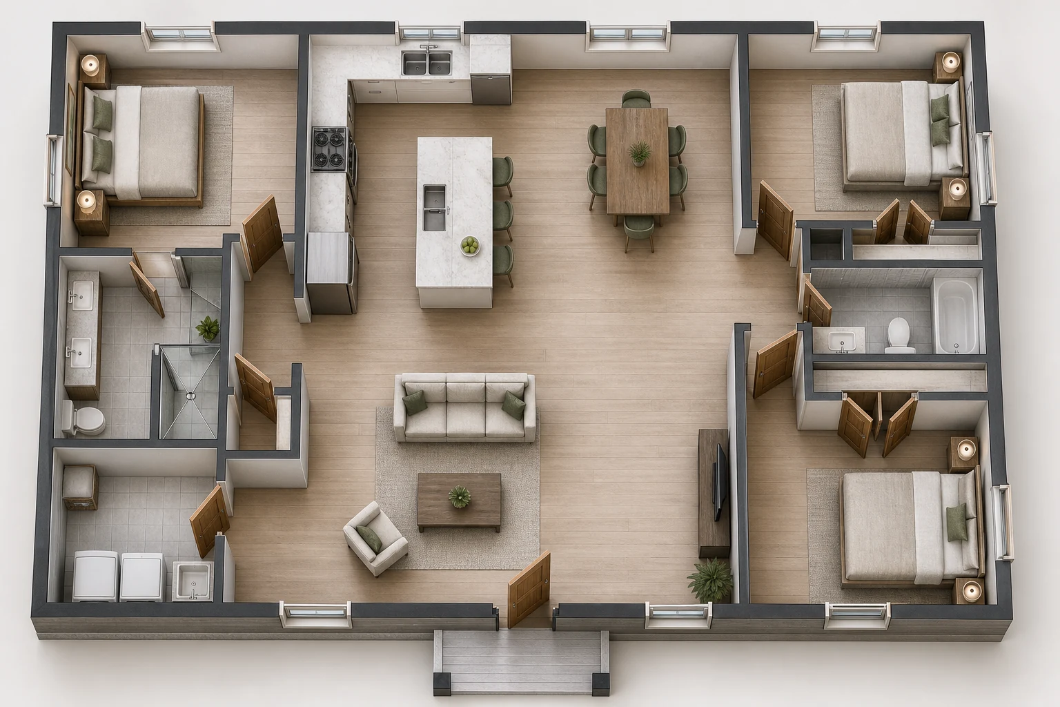 Realistic top-down furnished floor plan generated from the same layout