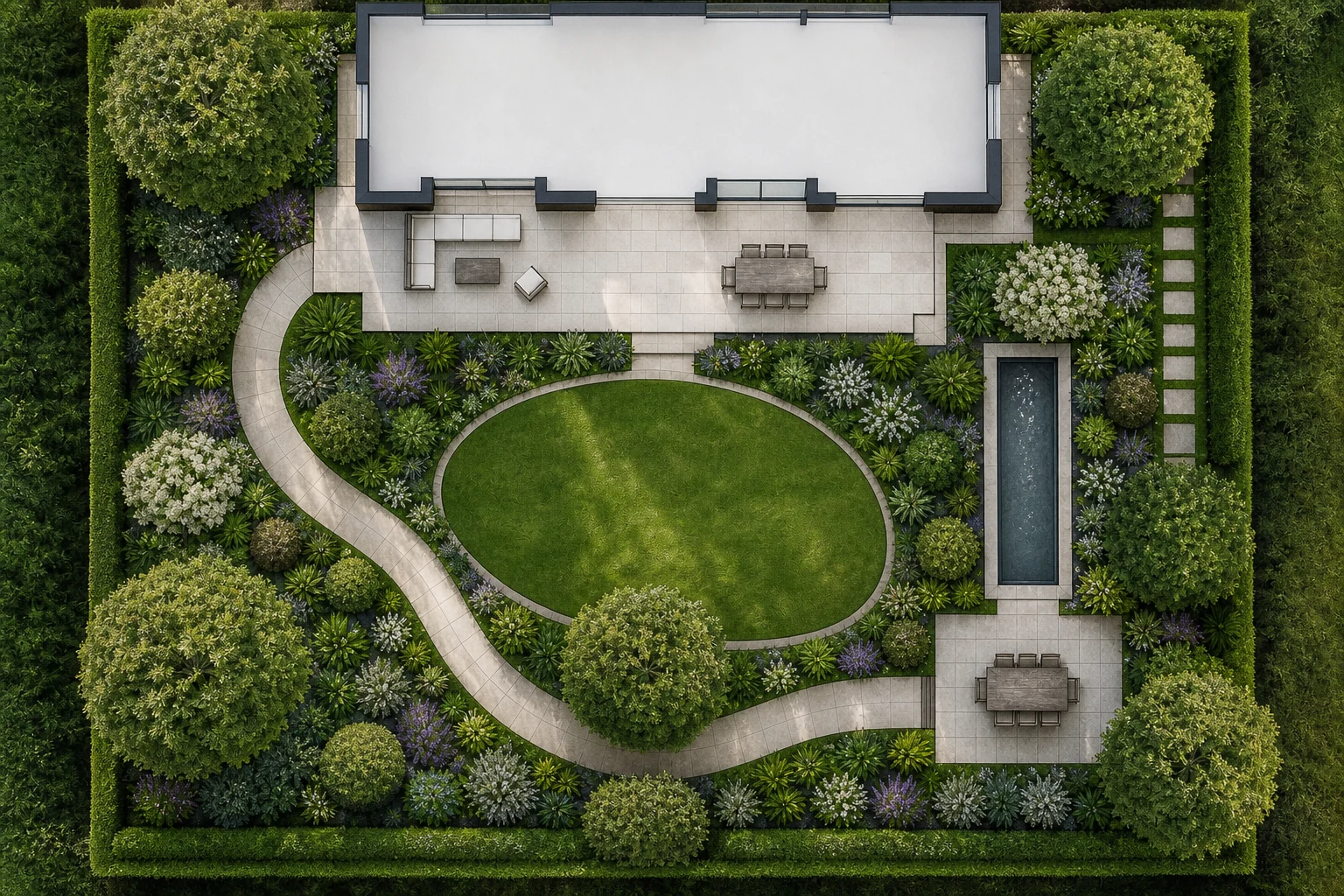 Top-down realistic garden plan with lawn, paths, planting, water, and dining terrace