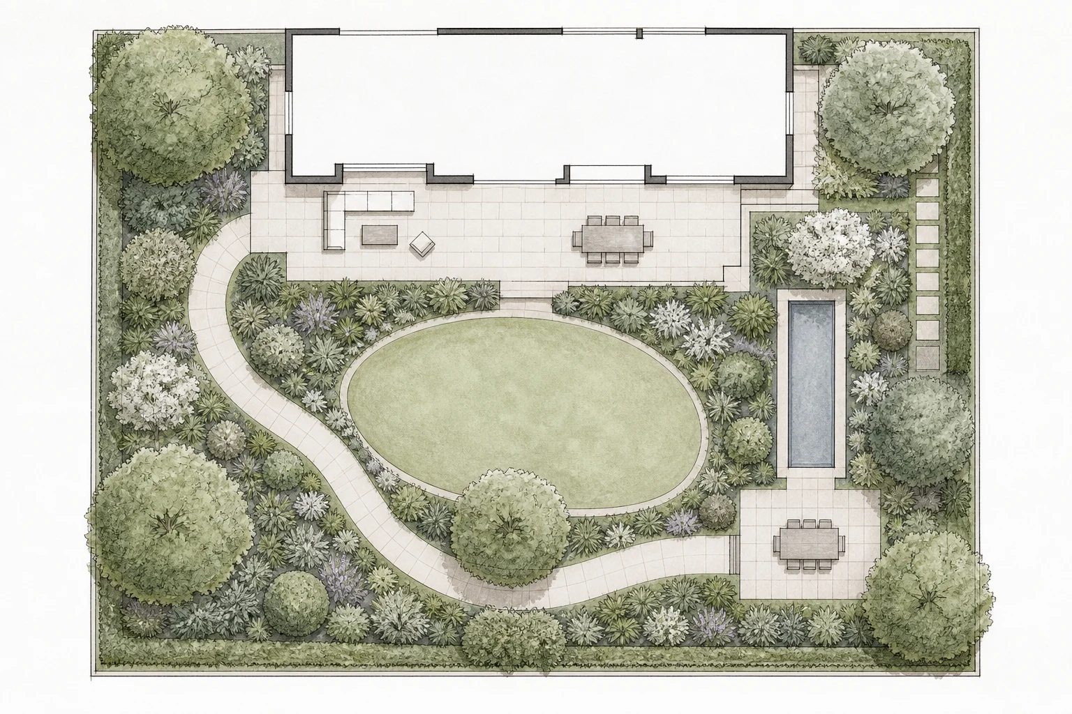 Black and white garden plan before AI landscape plan visualization