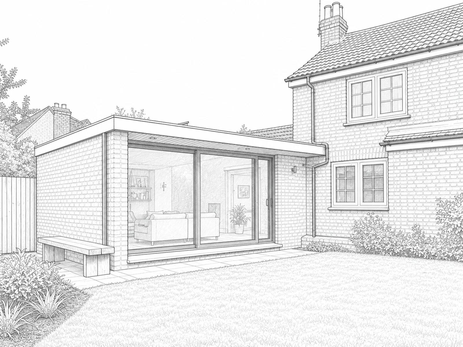 Architectural line drawing of a single-story brick garden extension