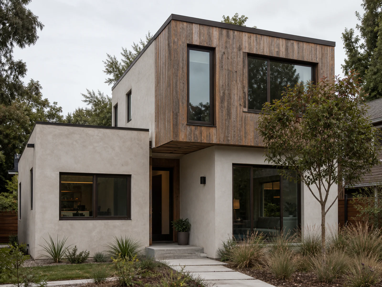 Photorealistic exterior render generated from the same contemporary house sketch