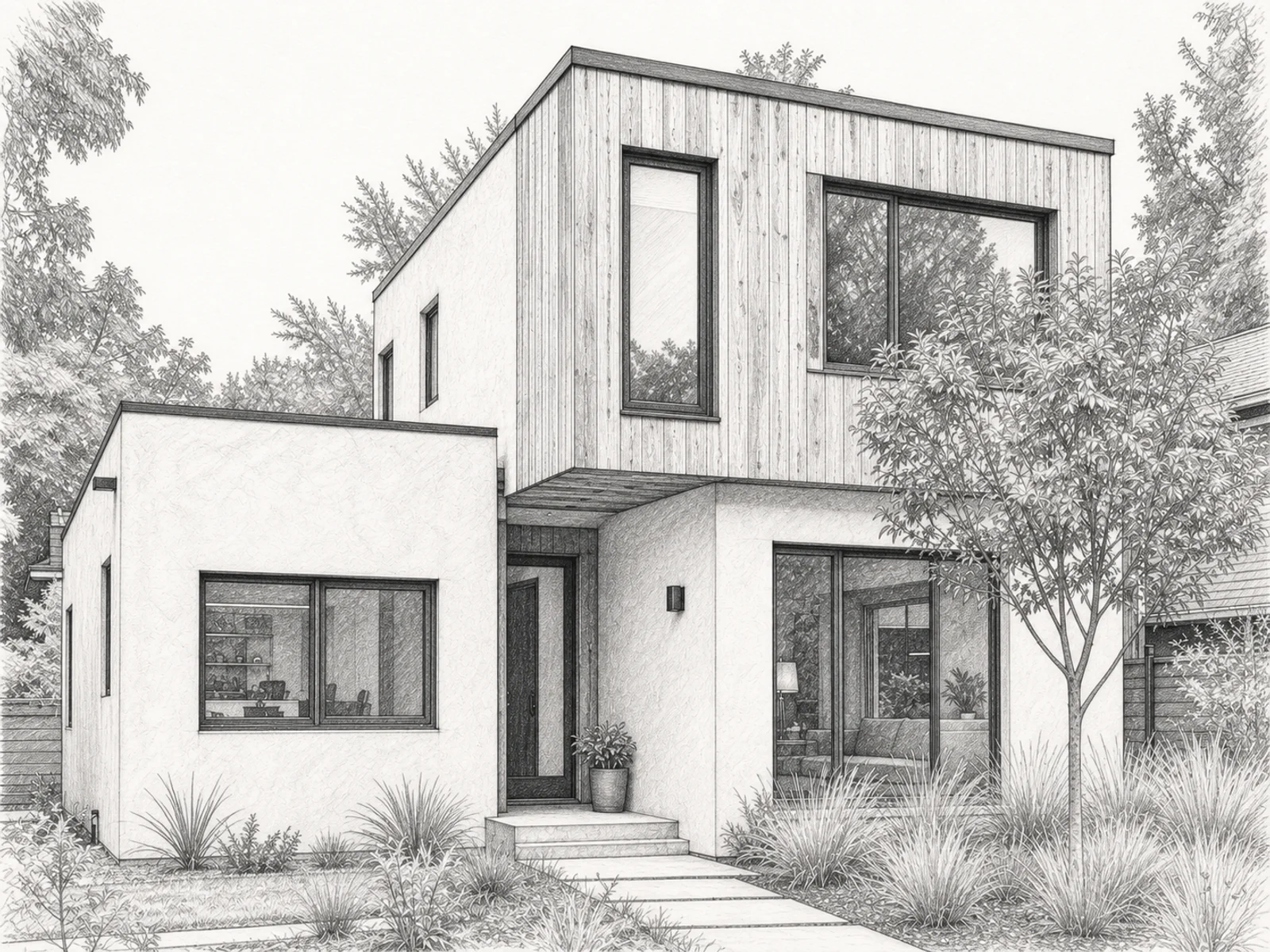 Architectural graphite sketch of a contemporary two-story house before AI rendering