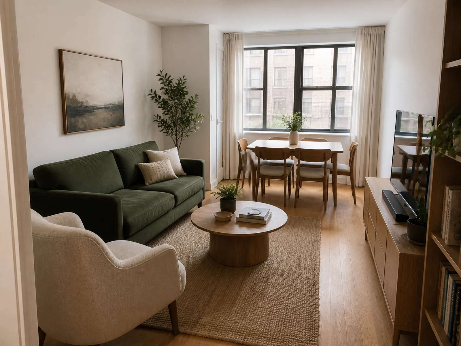 Photorealistic living and dining room generated from the matching interior sketch