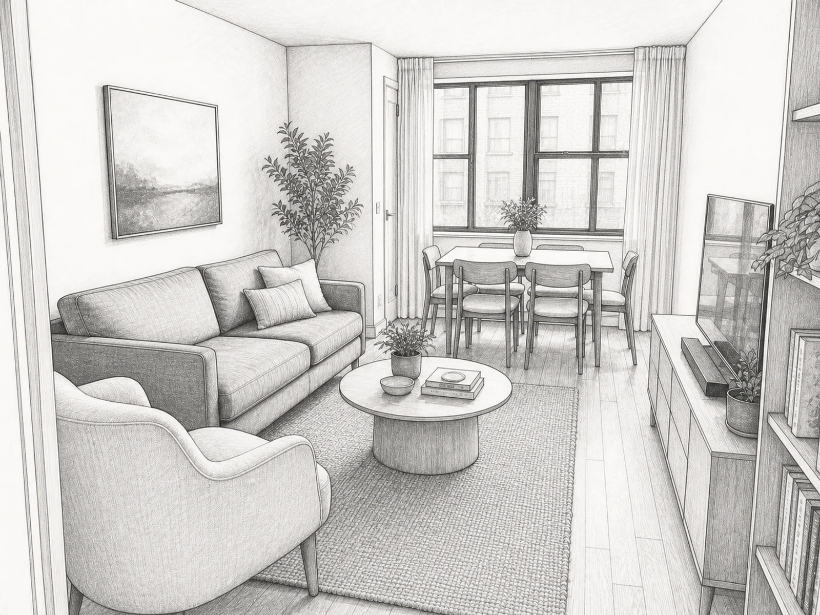 Interior designer perspective sketch of a compact living and dining room