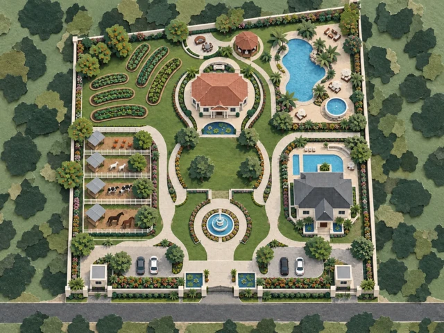 Architectural collage of the estate with cut-paper tree shapes, textured grounds and layered buildings
