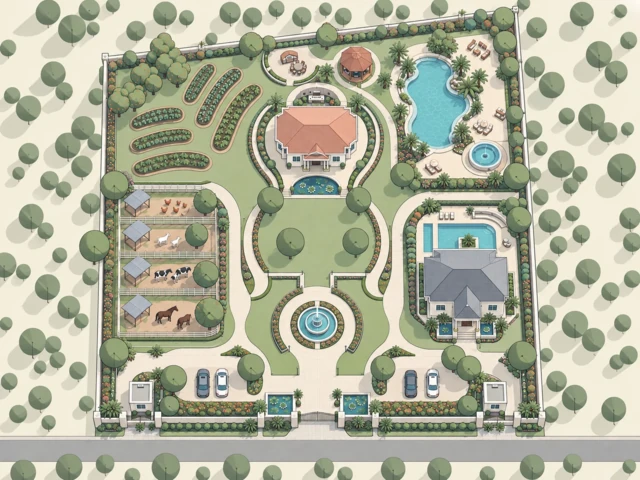 Architectural estate illustration with circular tree symbols, simplified buildings, sage planting and teal pools