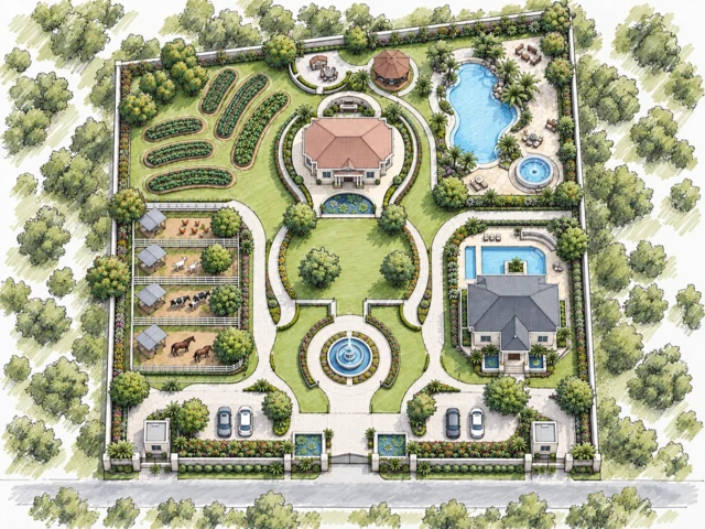 Architectural marker rendering of the estate with ink outlines, green planting strokes and pale blue pools