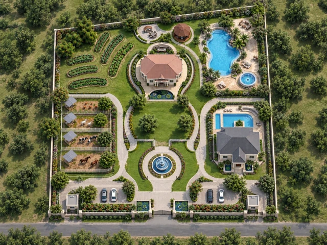 Realistic top view of the estate with planted beds on the left, pools on the right and a fountain near the entrance