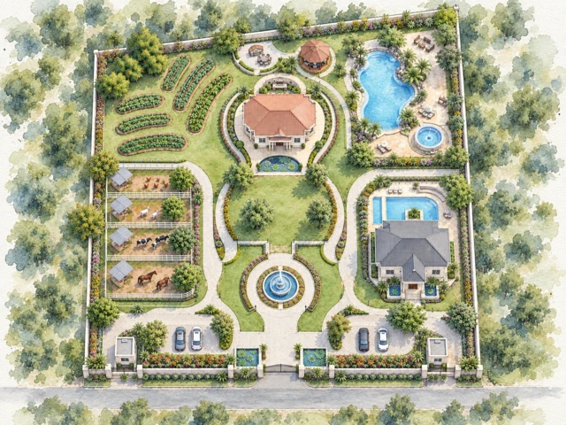 Watercolor estate plan with translucent green tree canopies, pale paving and blue water features