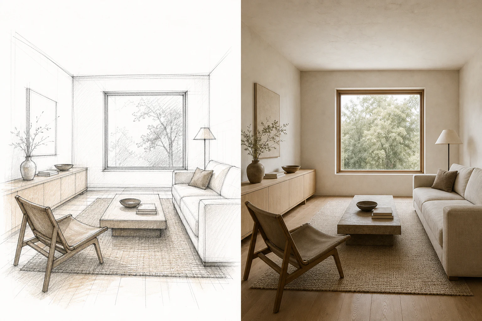 Sketch to render before and after design preview