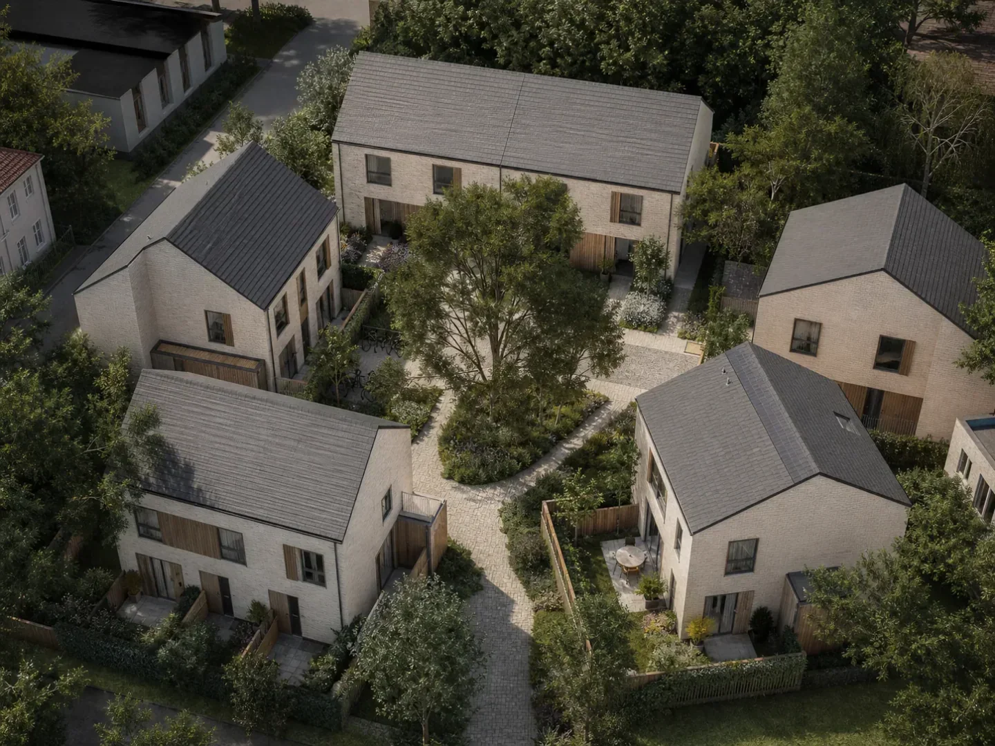 Oblique aerial visualization of homes arranged around a shared courtyard
