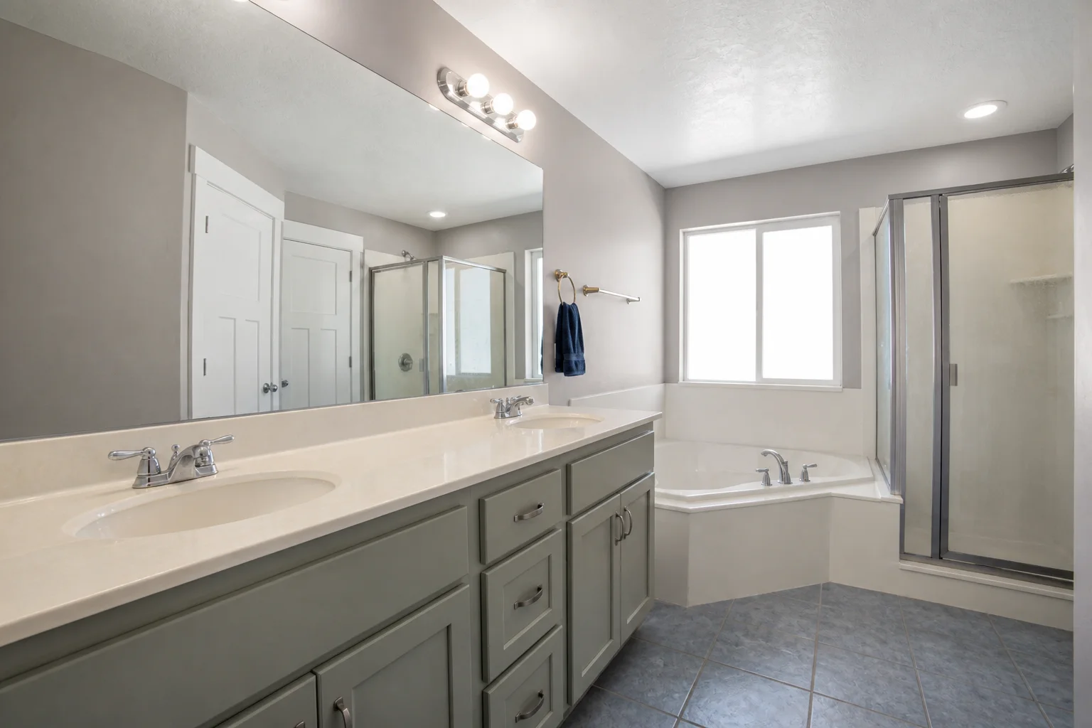 Large builder-grade bathroom before an AI bathroom design update