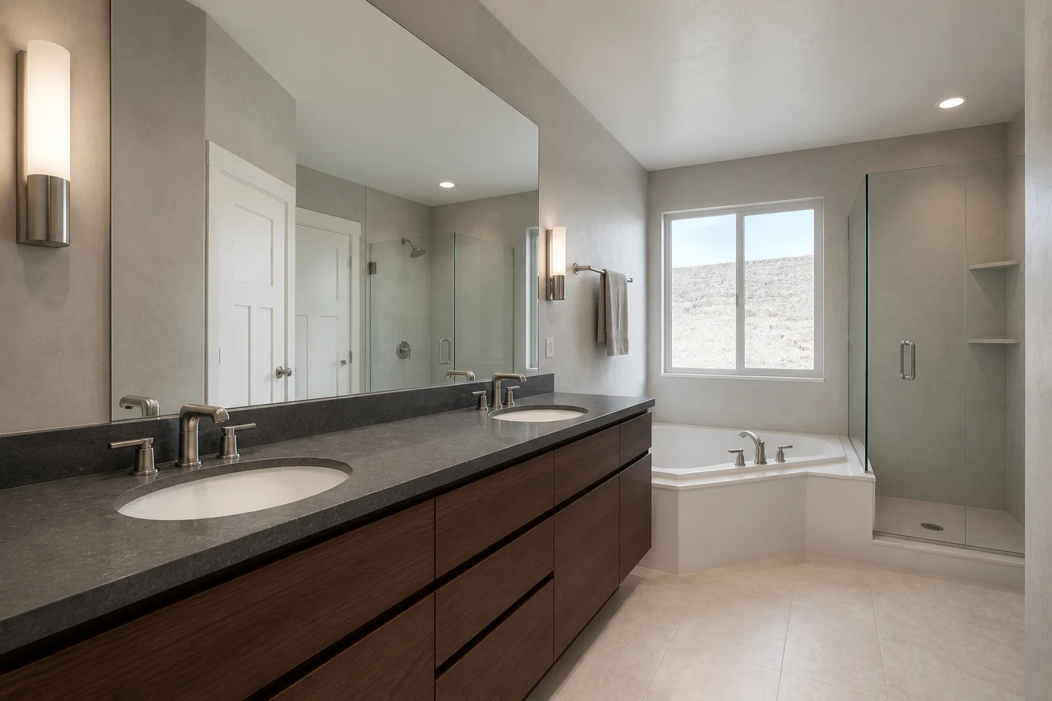 AI bathroom redesign with walnut vanity and charcoal stone finishes