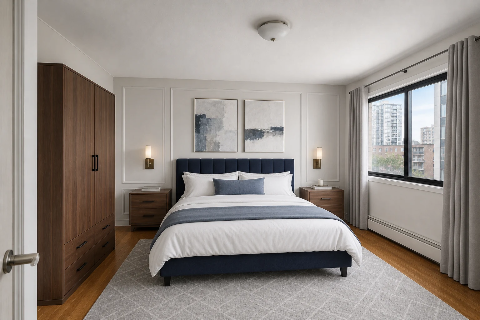 Contemporary AI interior design with rich upholstery, walnut accents, and warm ambient light