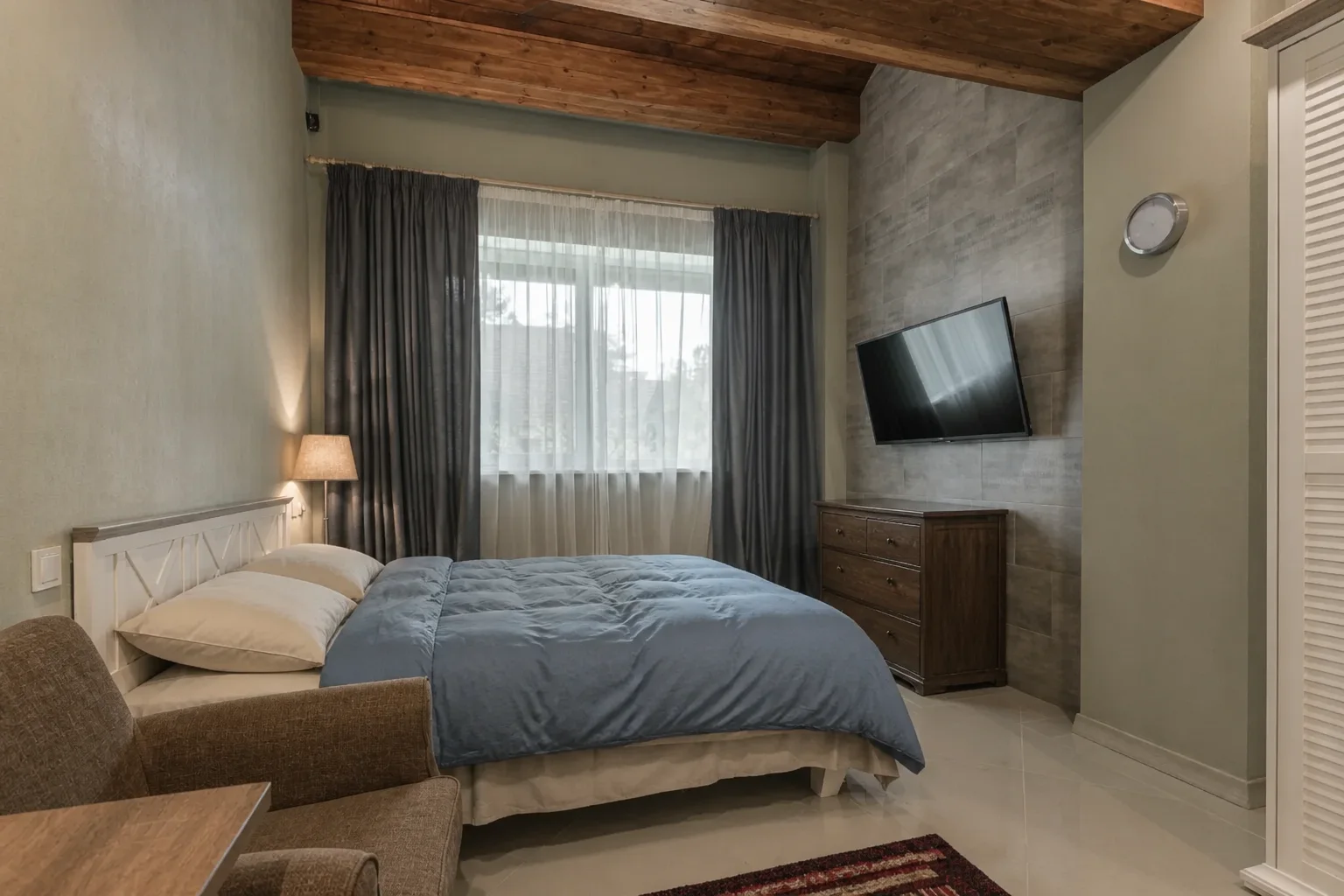 Olive-gray bedroom suite before an AI bedroom redesign