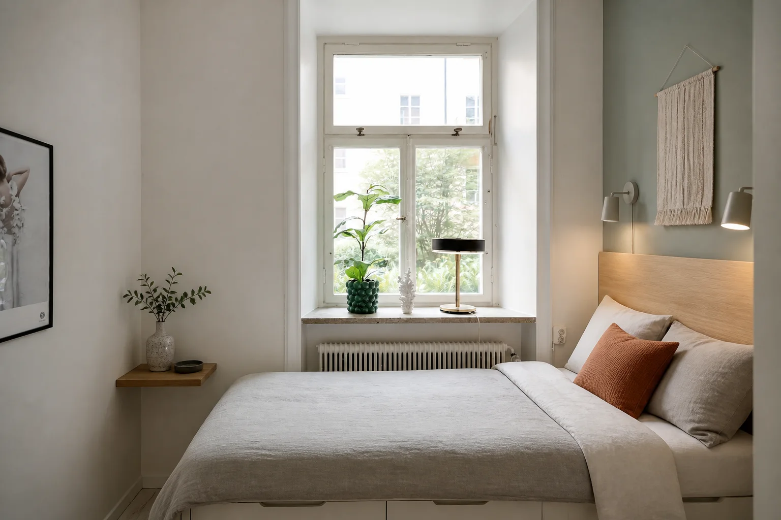 AI small bedroom design with muted sage walls and built-in storage
