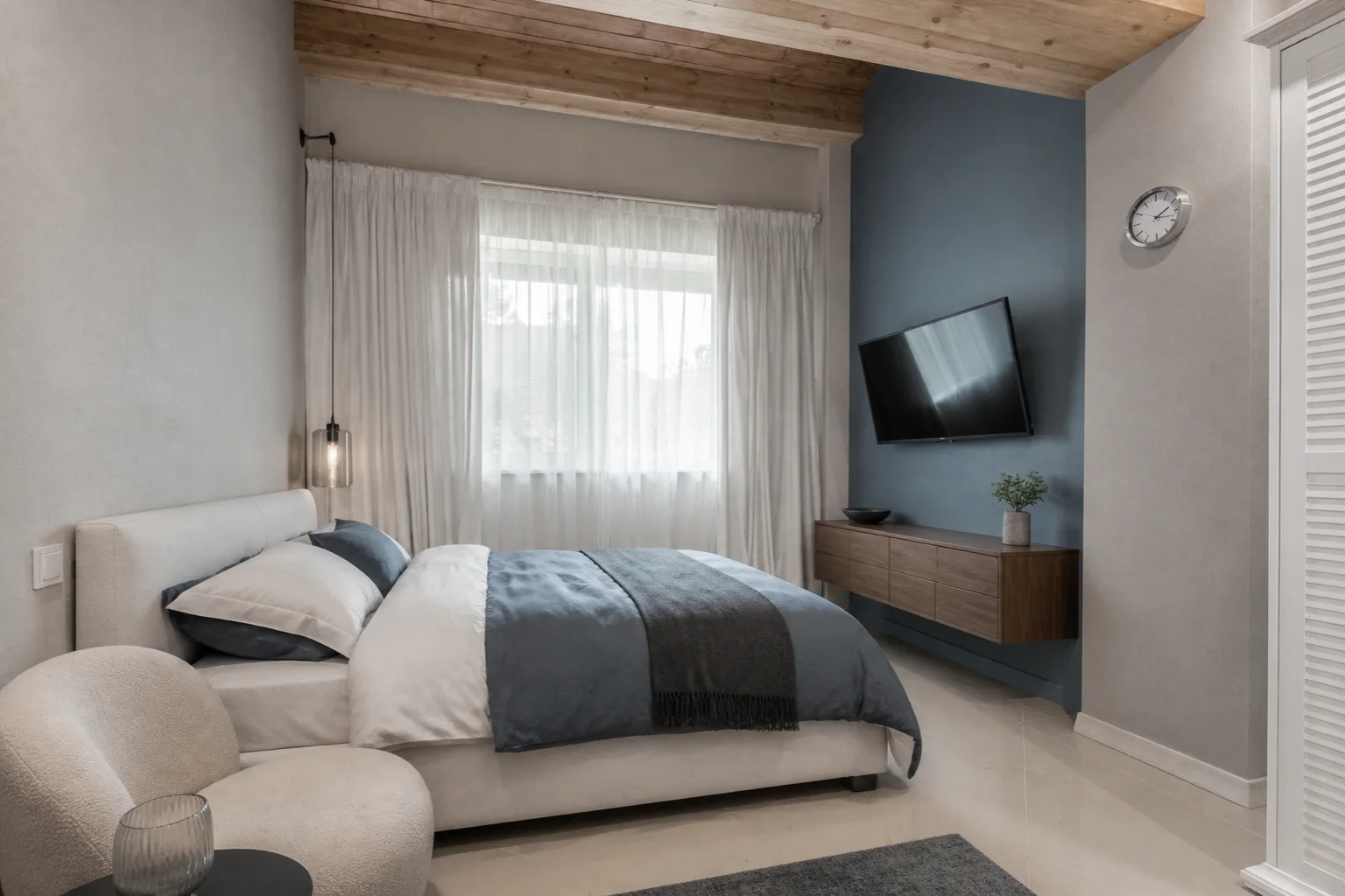 AI bedroom suite redesign with mineral blue walls and walnut finishes