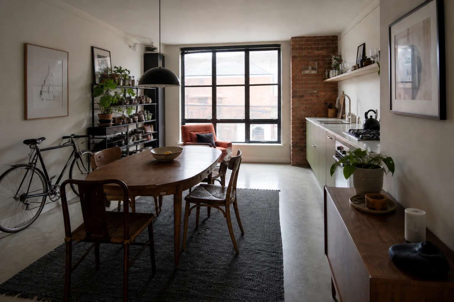 Same loft kitchen and dining room after orbiting the camera toward the right side