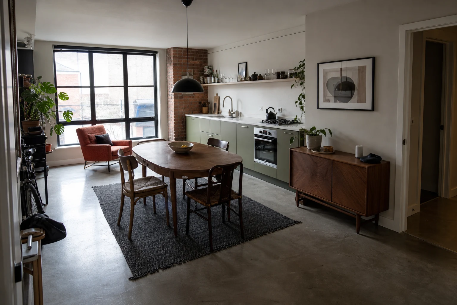 Authentic loft kitchen and dining room photographed from its entrance corner