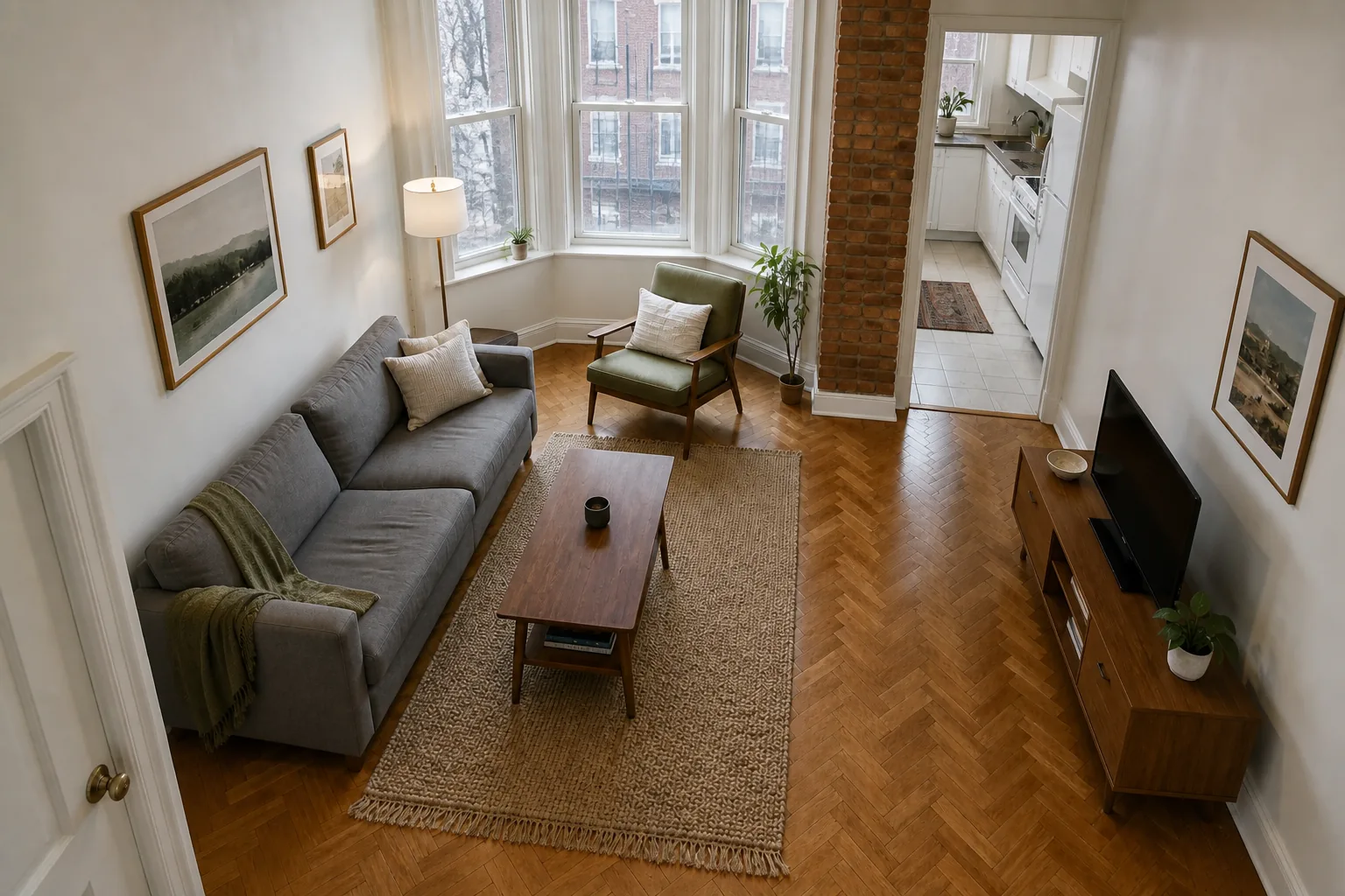 Same apartment living room from a newly generated high camera angle