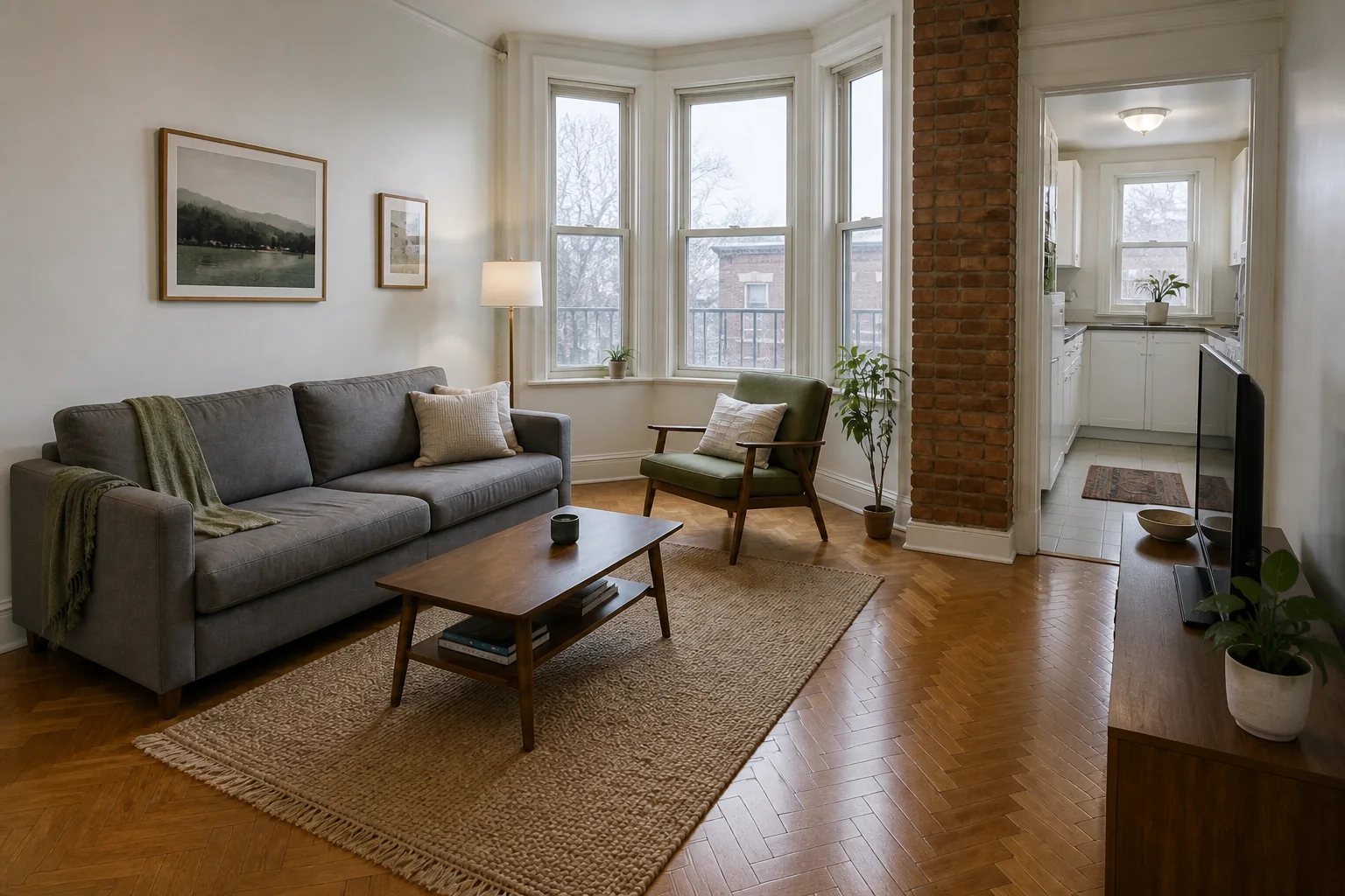 Same apartment living room from a newly generated left 45 degree camera position
