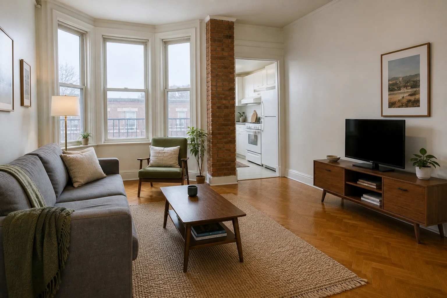 Same apartment living room from a newly generated right 45 degree camera position