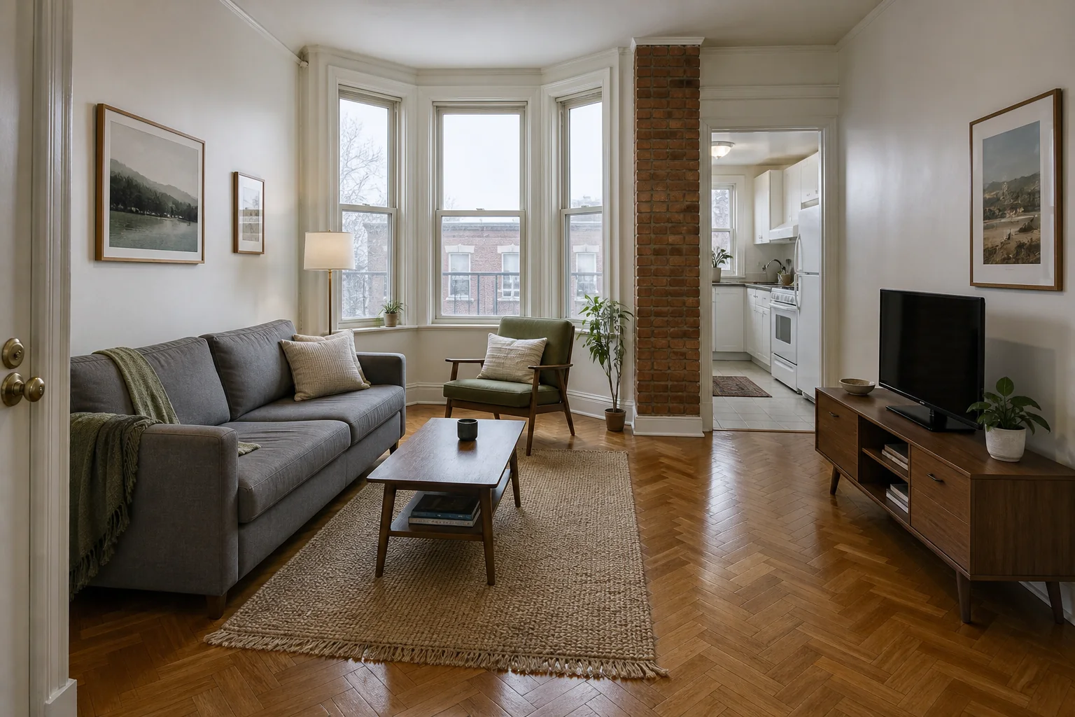 Original eye-level rental apartment living-room photo before changing the camera angle