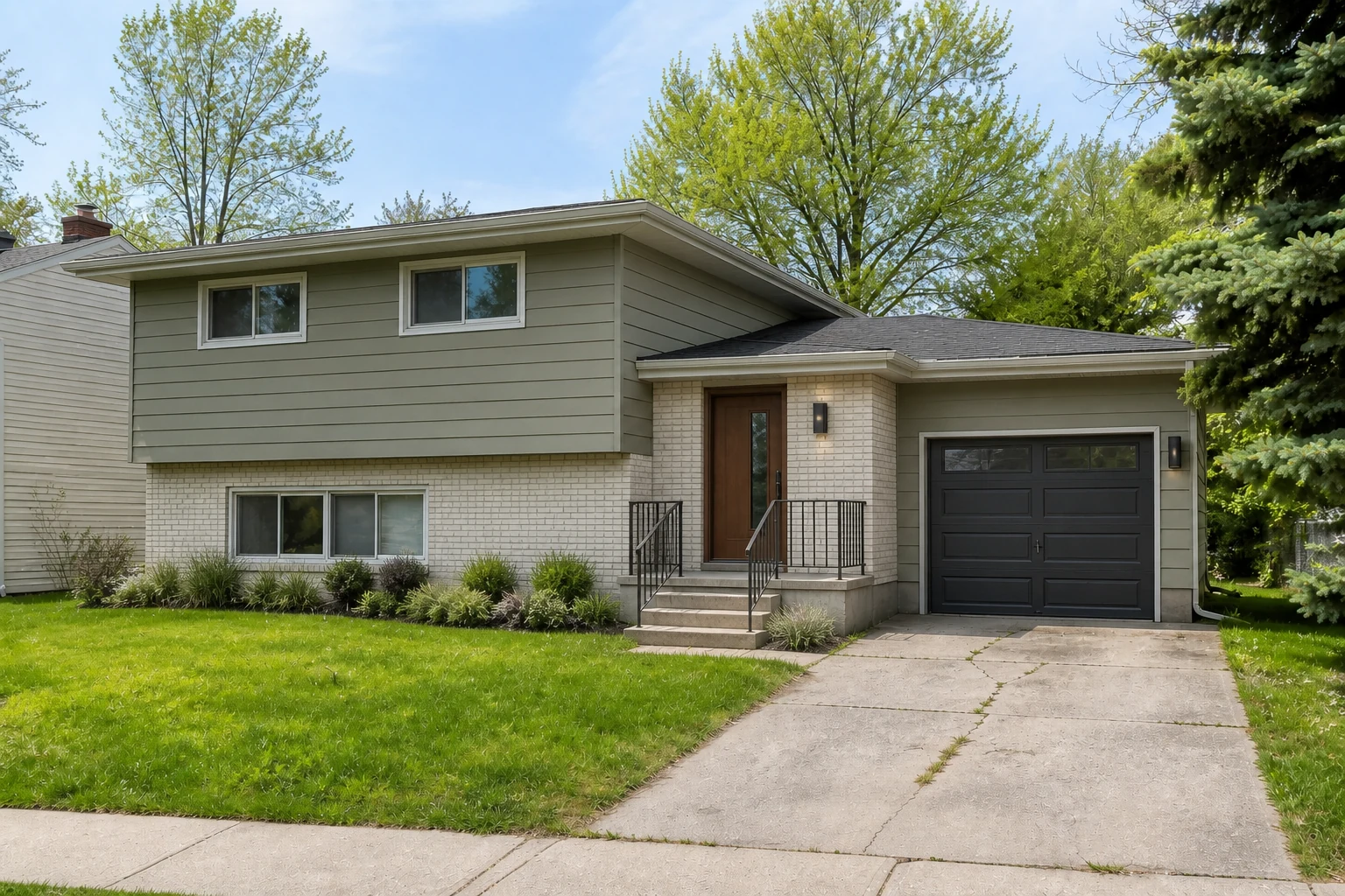 AI split-level house exterior remodel with limewashed brick, sage siding, walnut entry door, and charcoal garage