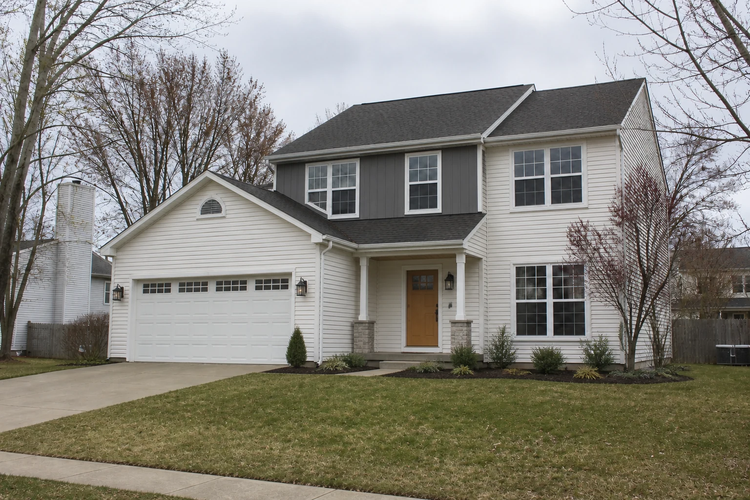 AI two-story house exterior design with warm white siding, charcoal accents, oak front door, and updated garage