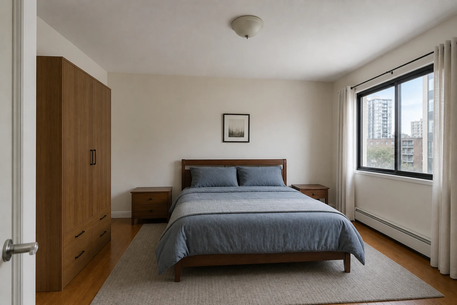 Dated city bedroom before three AI interior design style makeovers