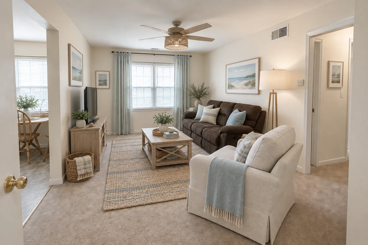 Coastal living room refresh retaining the original brown sofa and carpet with pale blue curtains and light wood furniture