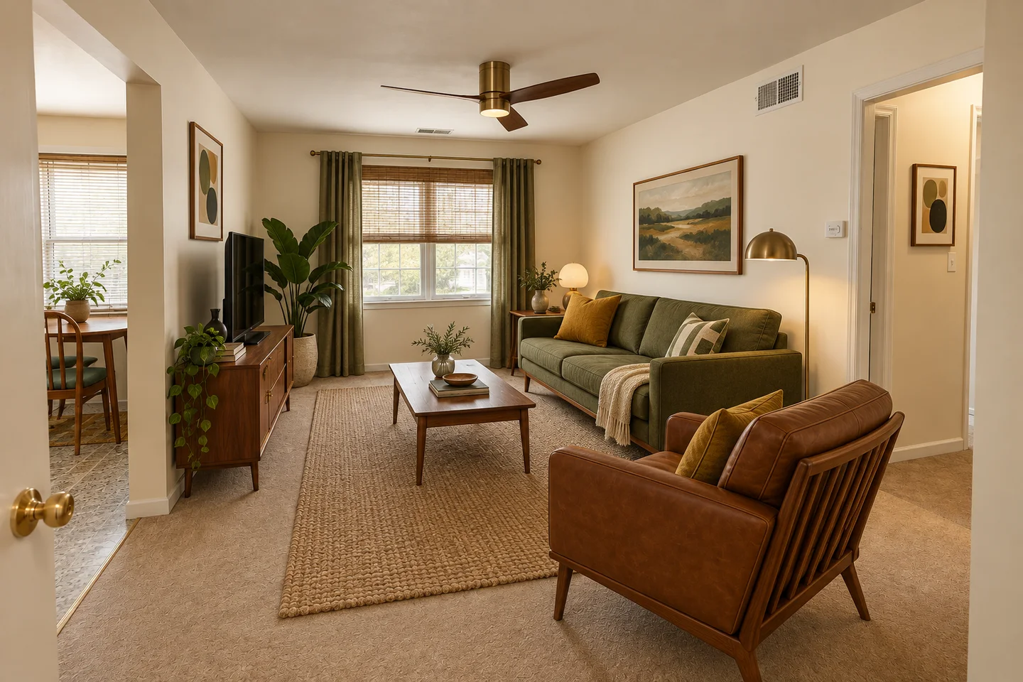 Mid-century modern redesign of a compact living room with an olive sofa, walnut furniture, and a leather armchair