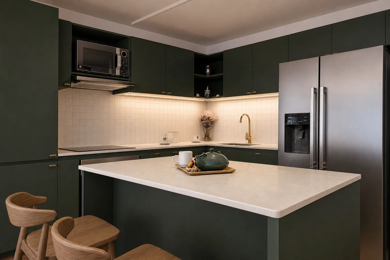 AI small kitchen design with forest green cabinetry and light counters