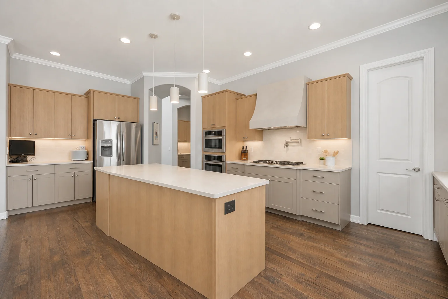 AI kitchen redesign with light oak and warm gray cabinetry