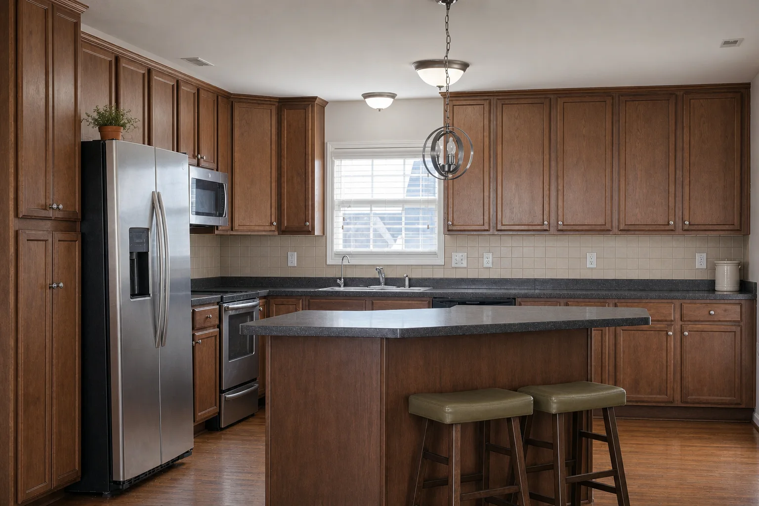 Dated walnut family kitchen before an AI kitchen redesign