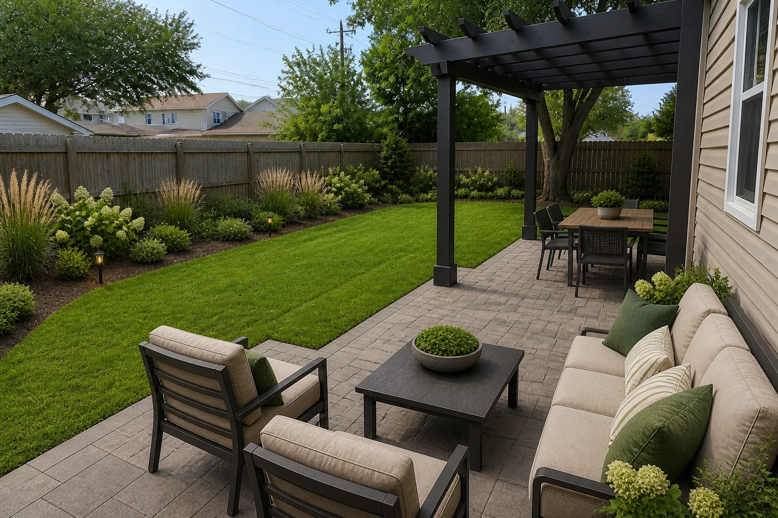 AI backyard landscape design with paver patio, pergola, outdoor seating, dining area, and border planting