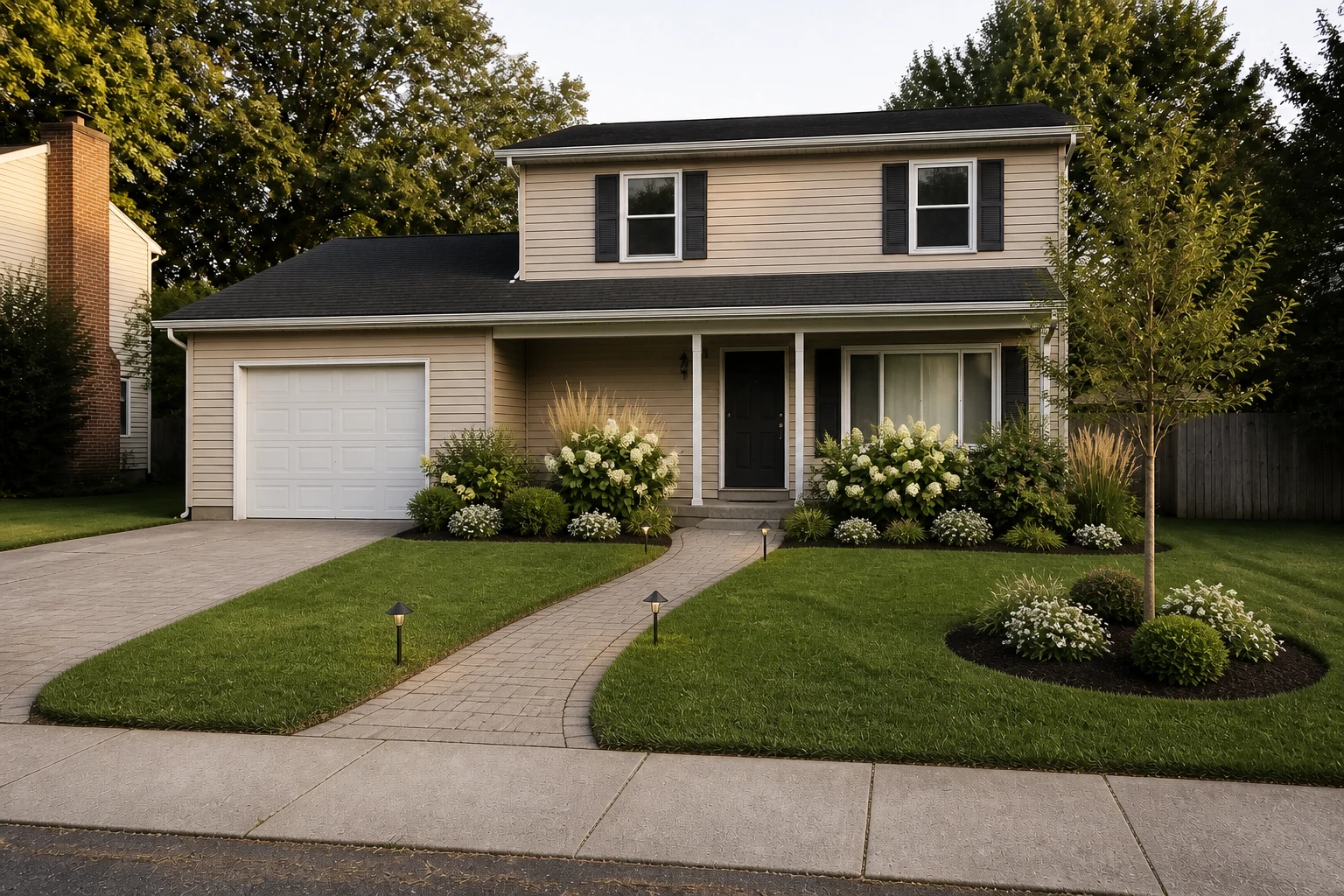 Front yard after AI landscape design adds a curved paver walkway, hydrangeas, ornamental grasses, tree, and path lights