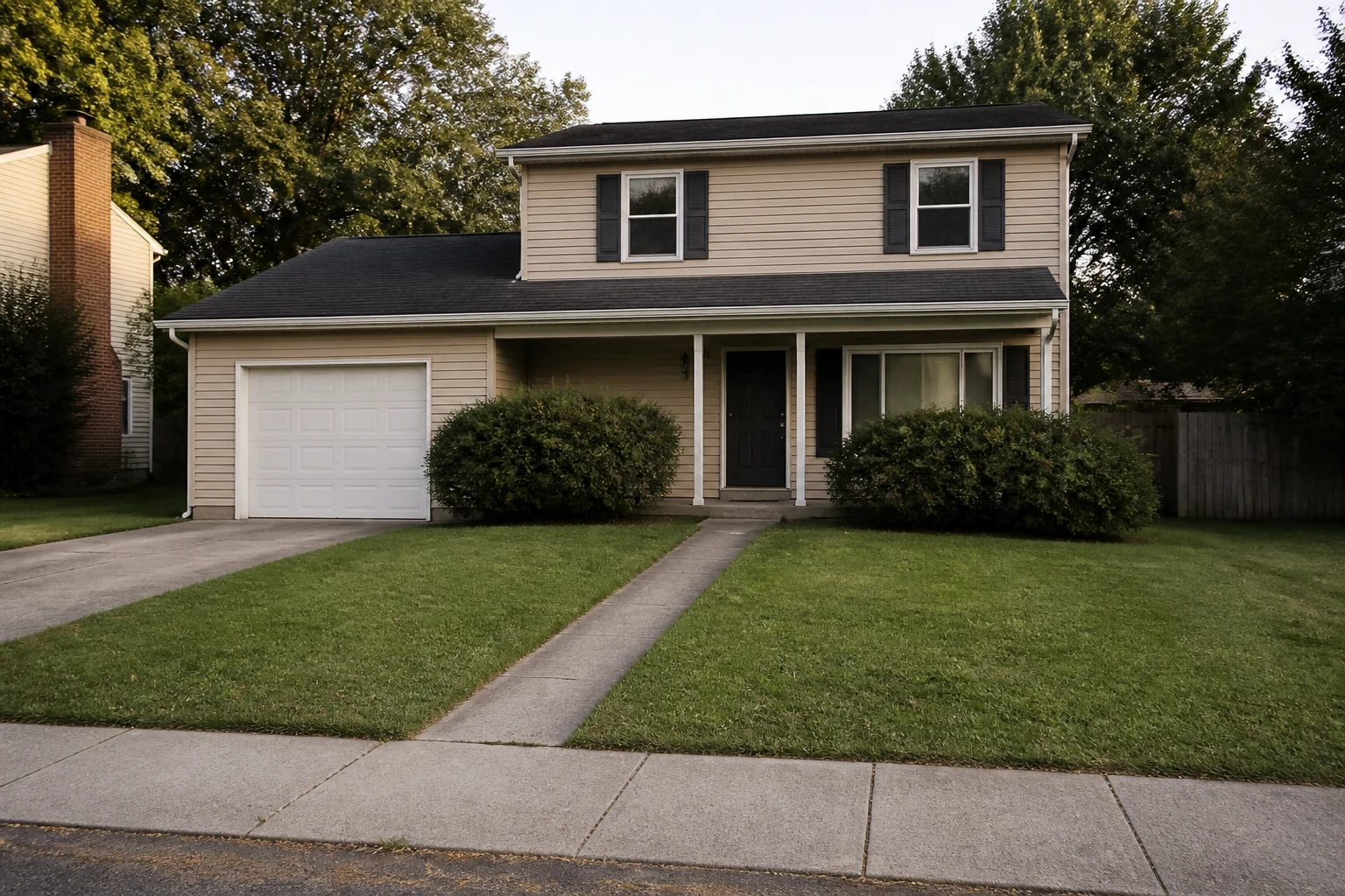 Plain two-story suburban front yard before AI landscape design