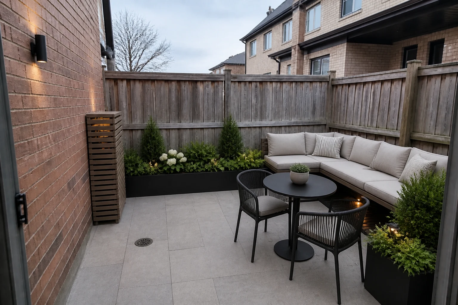 Small townhouse patio after AI landscape design adds pavers, bench seating, cafe table, raised planters, and lighting