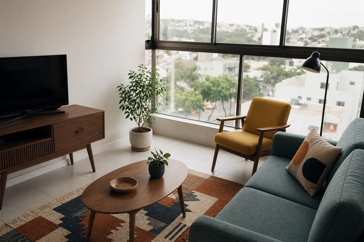 Compact apartment living room redesigned with a teal sofa and mid-century furniture
